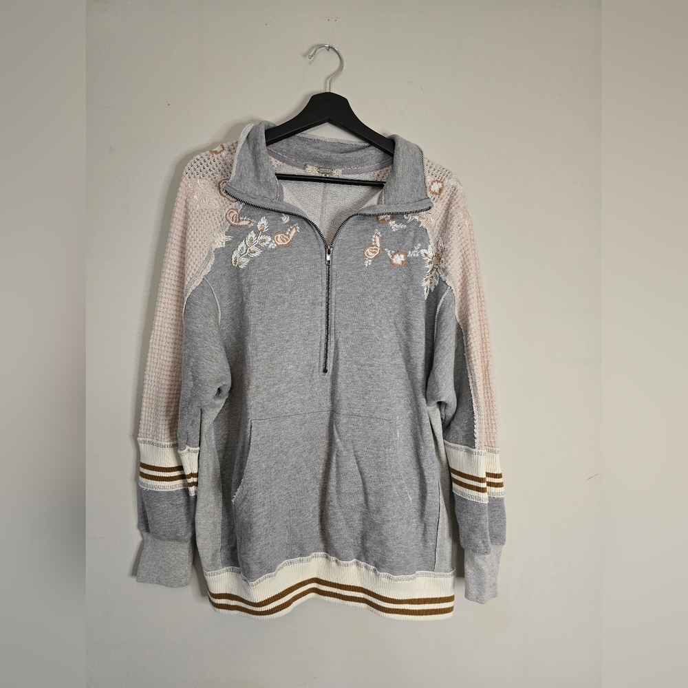 Boho Gray Half-Zip Pullover with Waffle Knit Sleeves And Beading